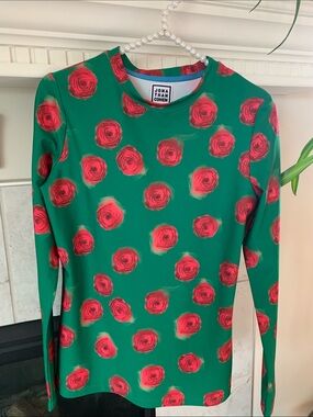 Jonathan Cohen Emerald Green LS Top Red Rose Motif Size XS